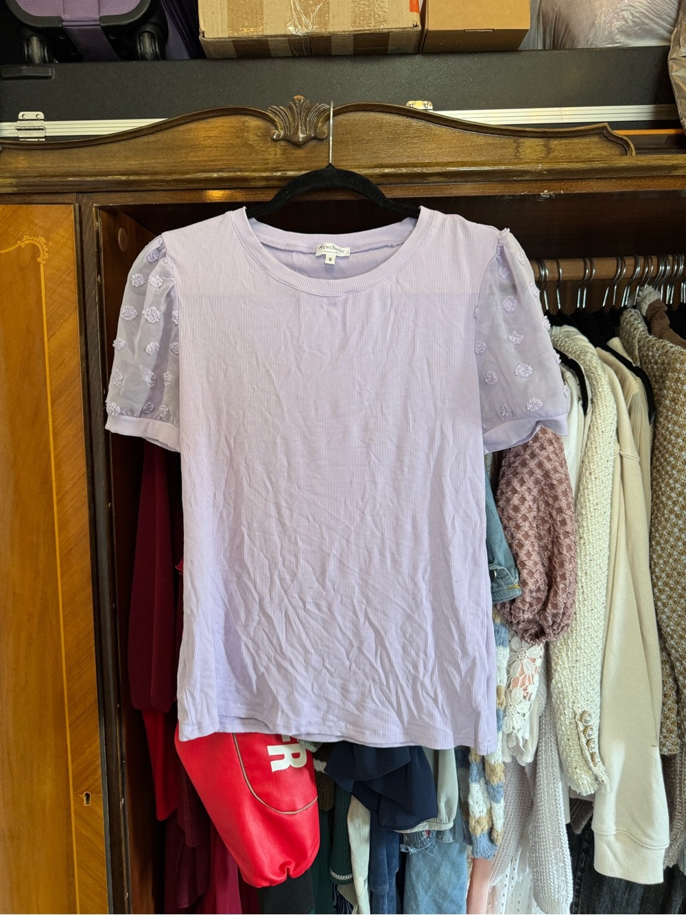 Lavender Puff-Sleeve Embroidered Tee